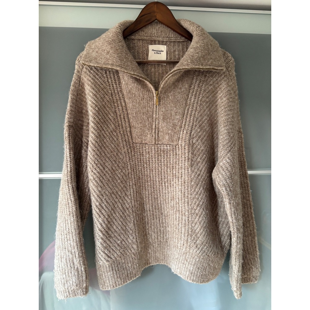 Abercrombie & Fitch Womens Large Tan Half Zip Chunky Ribbed Knit Sweater Lounge